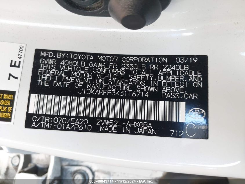 2019 Toyota Prius Prime Advanced VIN: JTDKARFP3K3116714 Lot: 40849714