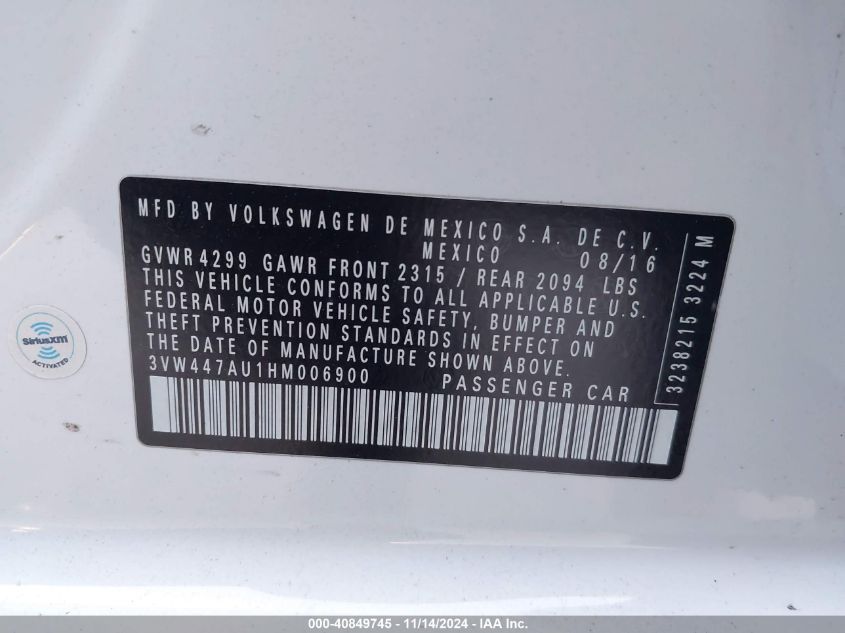 2017 VOLKSWAGEN GOLF GTI AUTOBAHN 4-DOOR/S 4-DOOR/SE 4-DOOR/SPORT 4-DOOR - 3VW447AU1HM006900