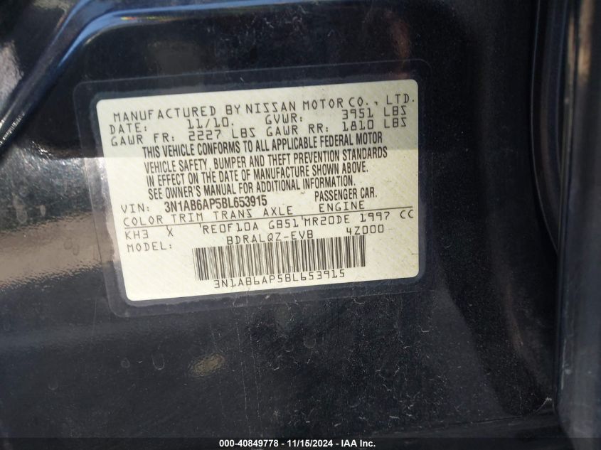 2011 Nissan Sentra 2.0 VIN: 3N1AB6AP5BL653915 Lot: 40849778