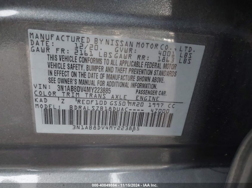 2021 Nissan Sentra Sr Xtronic Cvt VIN: 3N1AB8DV4MY223885 Lot: 40849884