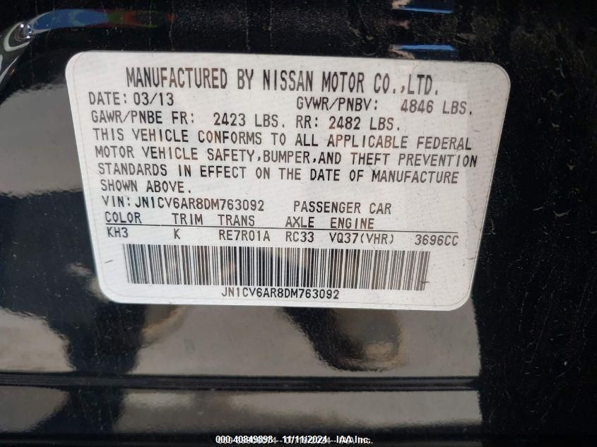 2013 Infiniti G37X VIN: JN1CV6AR8DM763092 Lot: 40849898