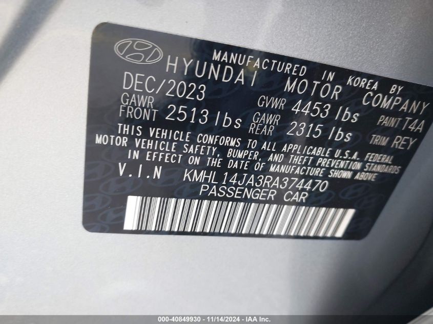 VIN KMHL14JA3RA374470 2024 Hyundai Sonata, Sel no.9