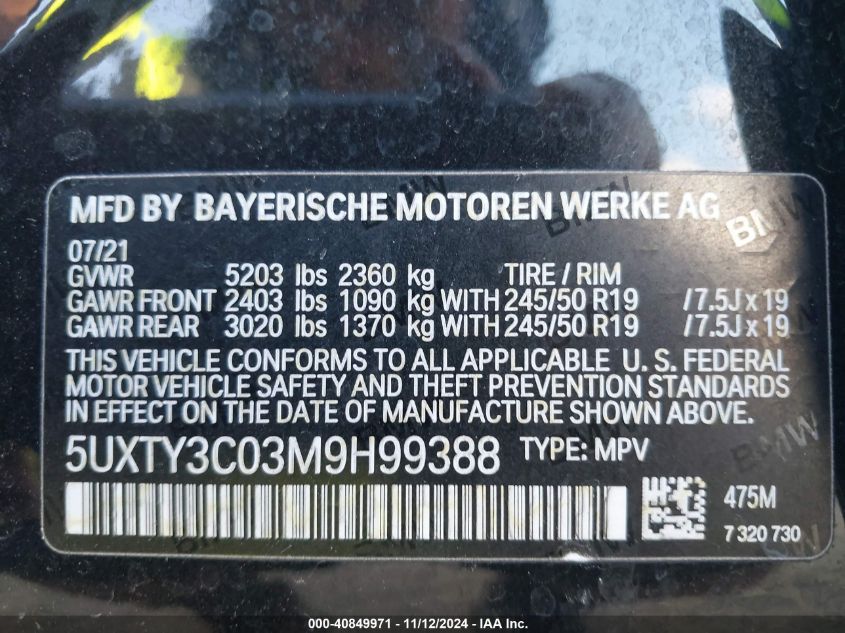 2021 BMW X3 Sdrive30I VIN: 5UXTY3C03M9H99388 Lot: 40849971