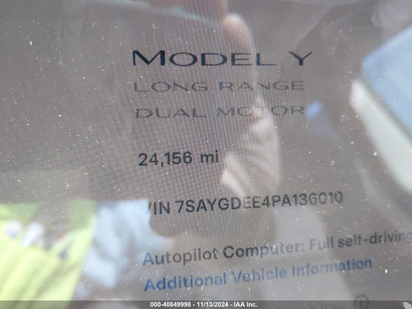 2023 Tesla Model Y Awd/Long Range Dual Motor All-Wheel Drive VIN: 7SAYGDEE4PA136010 Lot: 40849998