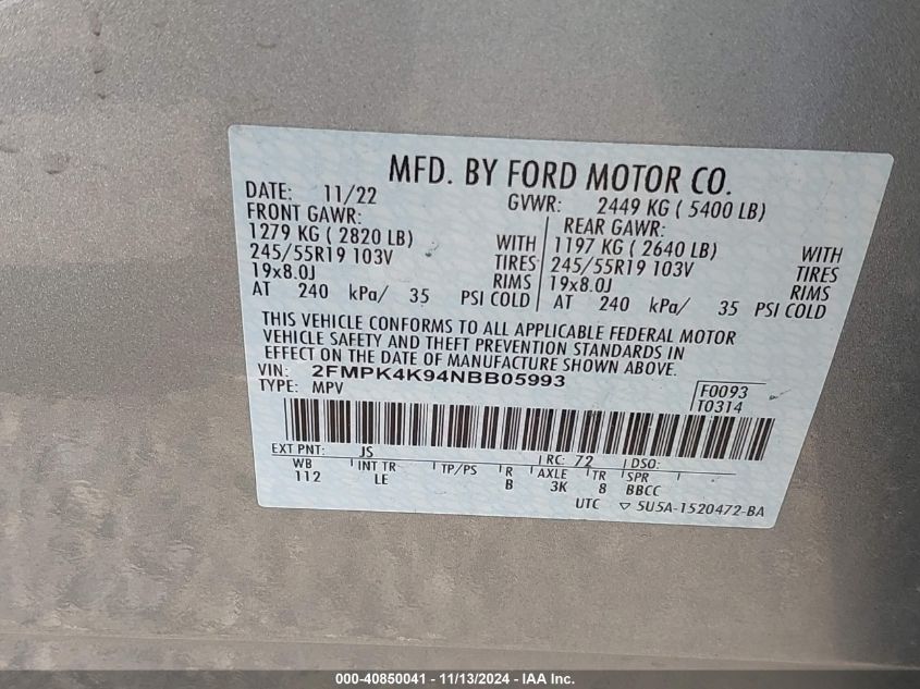 2022 Ford Edge Titanium VIN: 2FMPK4K94NBB05993 Lot: 40850041