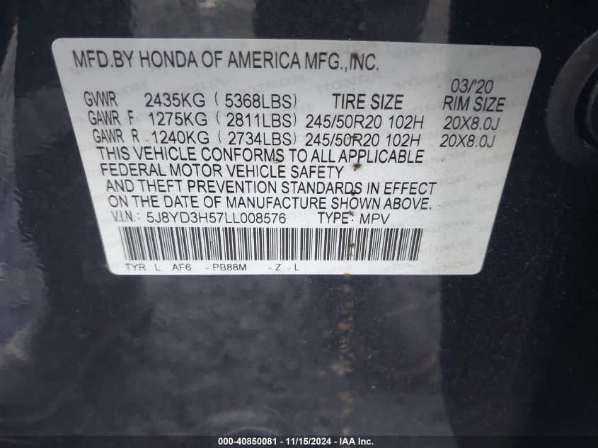 2020 Acura Mdx Technology Package VIN: 5J8YD3H57LL008576 Lot: 40850081