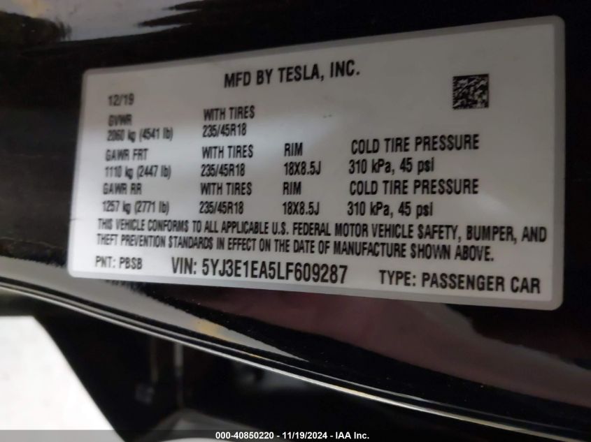 2020 Tesla Model 3 Standard Range Plus Rear-Wheel Drive/Standard Range Rear-Wheel Drive VIN: 5YJ3E1EA5LF609287 Lot: 40850220