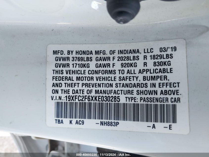 2019 Honda Civic Lx VIN: 19XFC2F6XKE030285 Lot: 40850235