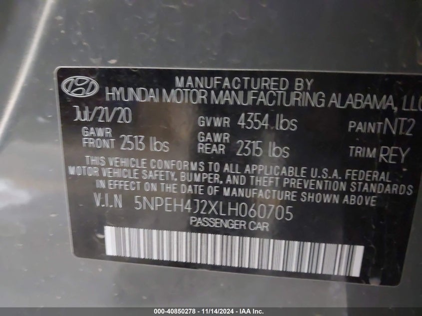 2020 HYUNDAI SONATA VIN: 5NPEH4J2XLH060705