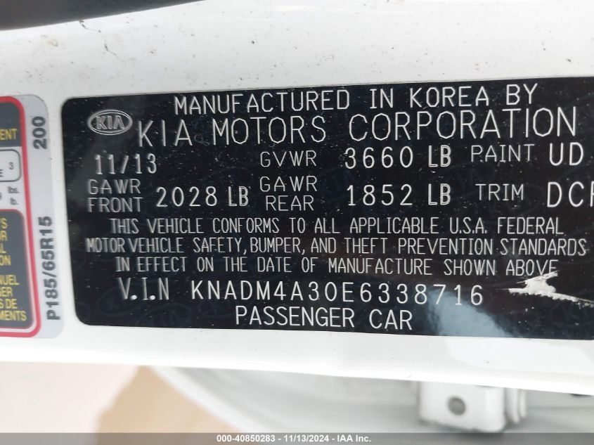 2014 Kia Rio Lx VIN: KNADM4A30E6338716 Lot: 40850283