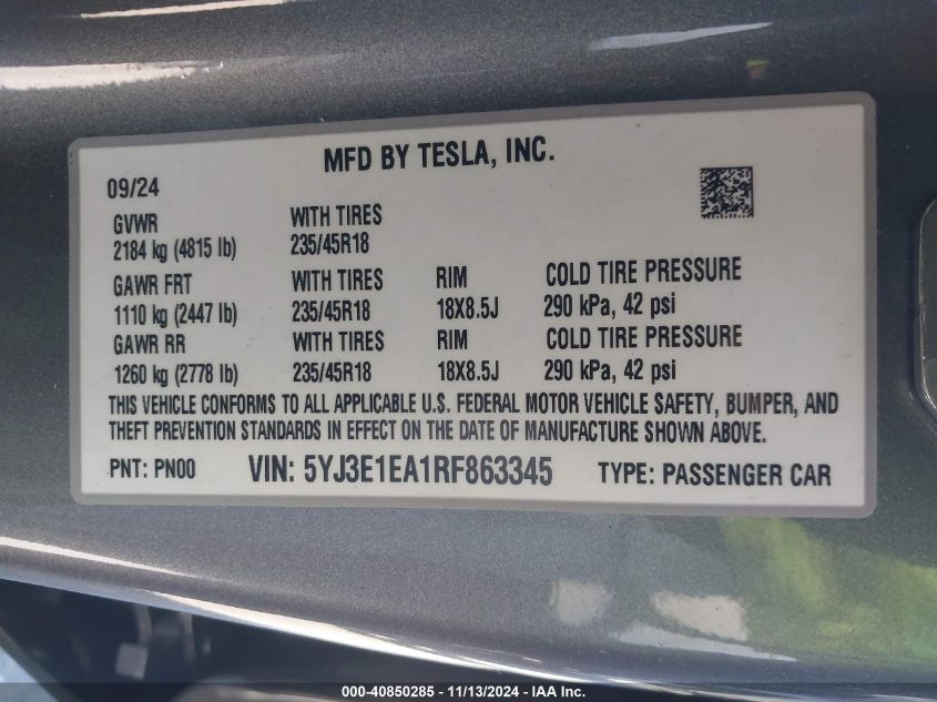 VIN 5YJ3E1EA1RF863345 2024 TESLA MODEL 3 no.9