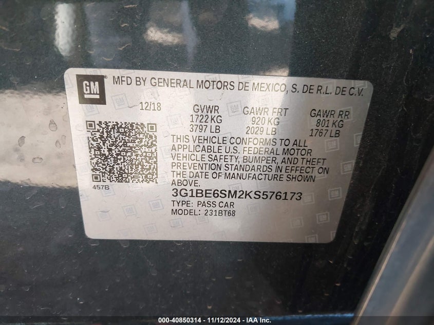 2019 CHEVROLET CRUZE VIN: 3G1BE6SM2KS576173