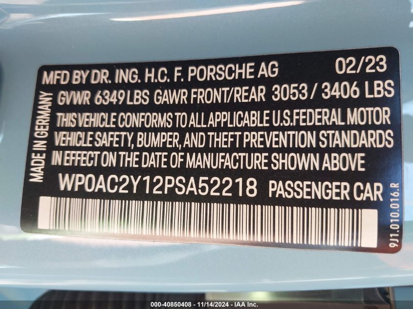 2023 Porsche Taycan Turbo/Turbo S VIN: WP0AC2Y12PSA52218 Lot: 40850408