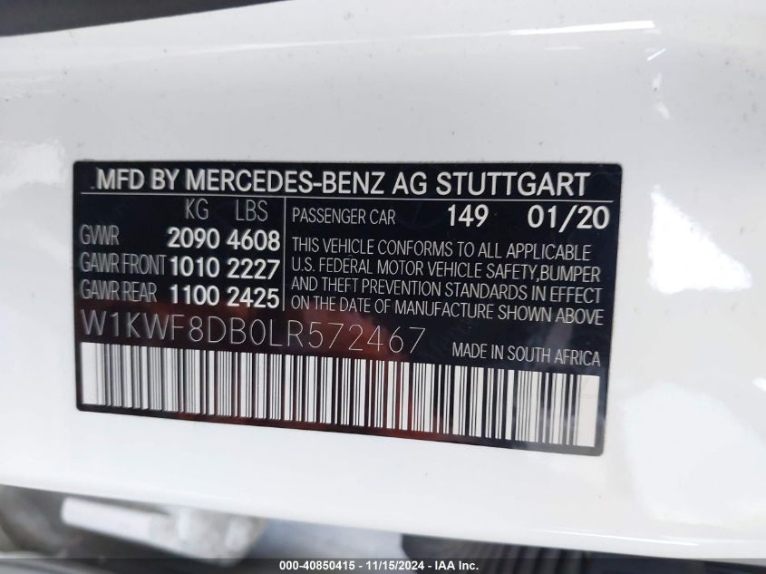 2020 Mercedes-Benz C 300 VIN: W1KWF8DB0LR572467 Lot: 40850415