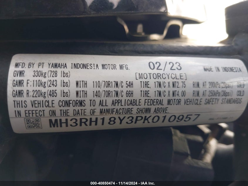VIN MH3RH18Y3PK010957 2023 YAMAHA YZFR3 A