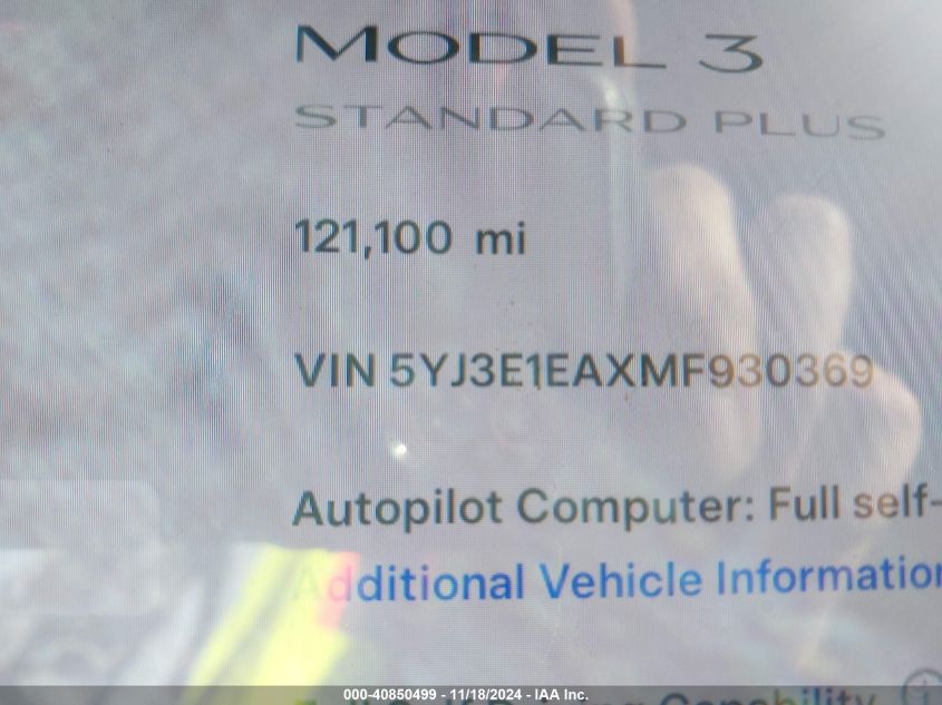 2021 Tesla Model 3 Standard Range Plus Rear-Wheel Drive VIN: 5YJ3E1EAXMF930369 Lot: 40850499