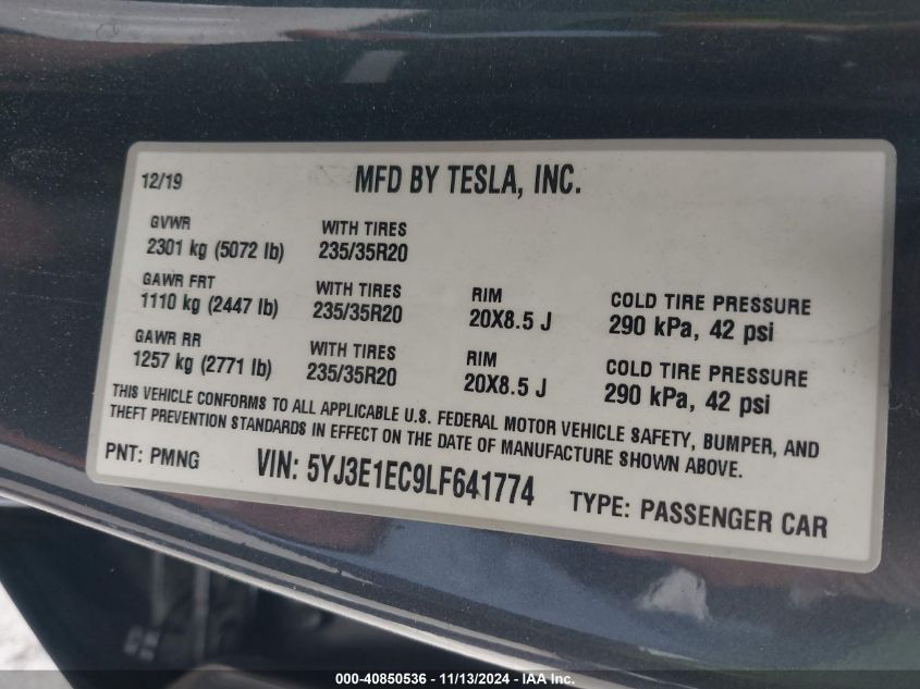 2020 Tesla Model 3 Performance Dual Motor All-Wheel Drive VIN: 5YJ3E1EC9LF641774 Lot: 40850536