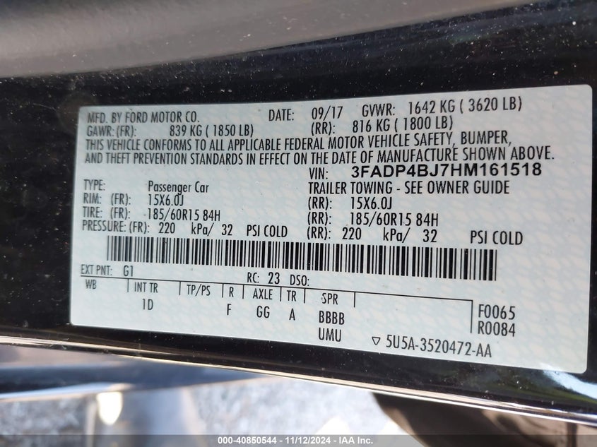 VIN 3FADP4BJ7HM161518 2017 FORD FIESTA SE