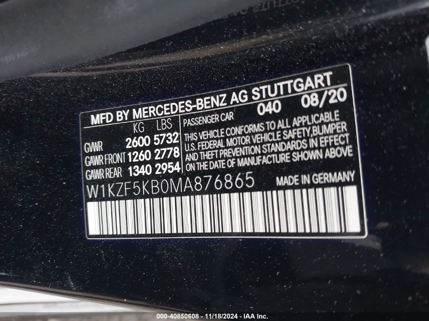 2021 Mercedes-Benz E 450 4Matic VIN: W1KZF5KB0MA876865 Lot: 40850608