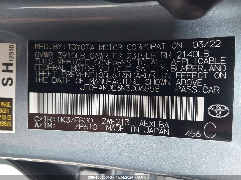 2022 Toyota Corolla Hybrid Le VIN: JTDEAMDE6N3006858 Lot: 40850646