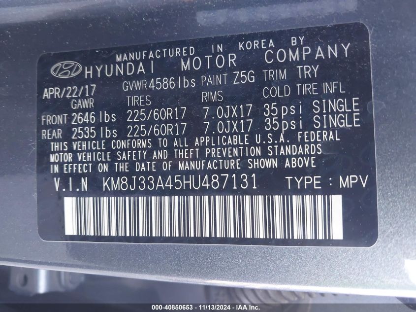 2017 HYUNDAI TUCSON SE - KM8J33A45HU487131