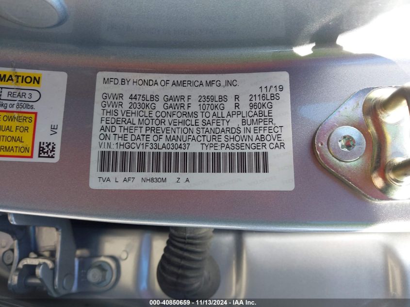 2020 HONDA ACCORD VIN: 1HGCV1F33LA030437