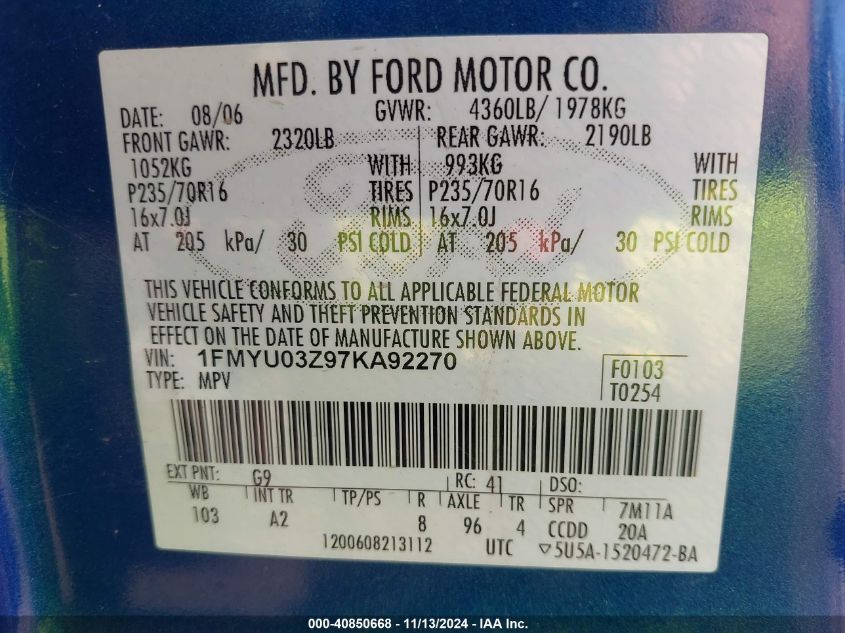 2007 Ford Escape Xlt VIN: 1FMYU03Z97KA92270 Lot: 40850668