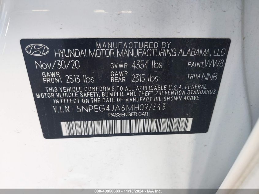 2021 Hyundai Sonata Se VIN: 5NPEG4JA6MH097343 Lot: 40850683