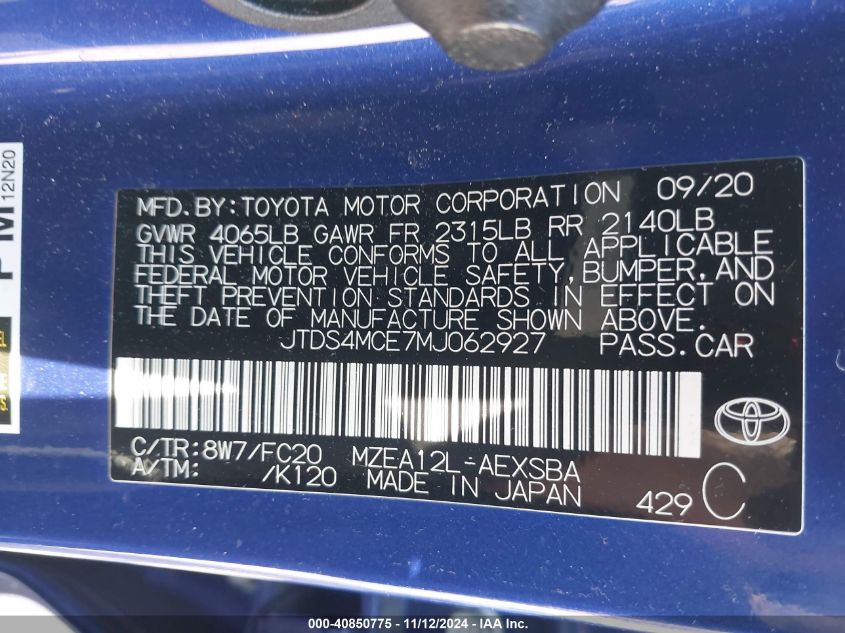 2021 TOYOTA COROLLA SE - JTDS4MCE7MJ062927