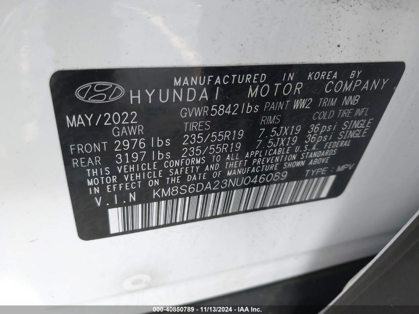 2022 Hyundai Santa Fe Plug-In Hybrid Sel Convenience VIN: KM8S6DA23NU046089 Lot: 40850789