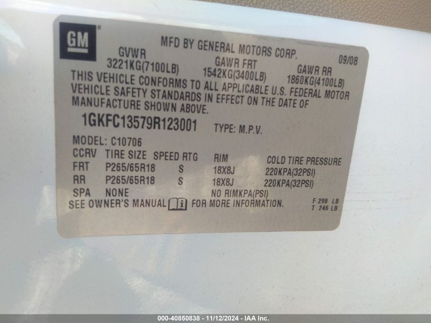 2009 GMC Yukon Hybrid VIN: 1GKFC13579R123001 Lot: 40850838