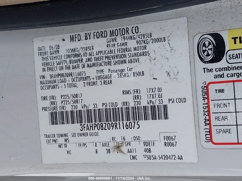 2009 Ford Fusion Sel VIN: 3FAHP08Z09R116075 Lot: 40850861