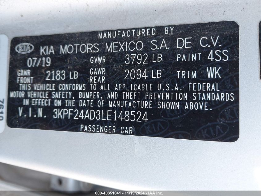 2020 KIA FORTE LXS - 3KPF24AD3LE148524