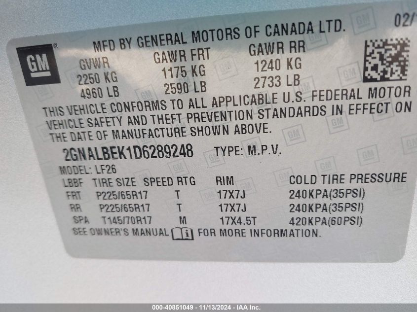 2013 Chevrolet Equinox Ls VIN: 2GNALBEK1D6289248 Lot: 40851049