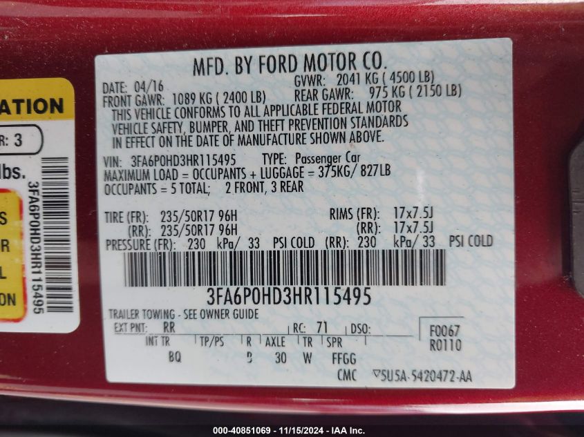 VIN 3FA6P0HD3HR115495 2017 FORD FUSION SE