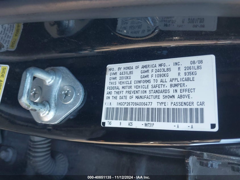 2009 Honda Accord 2.4 Ex VIN: 1HGCP26709A006477 Lot: 40851135