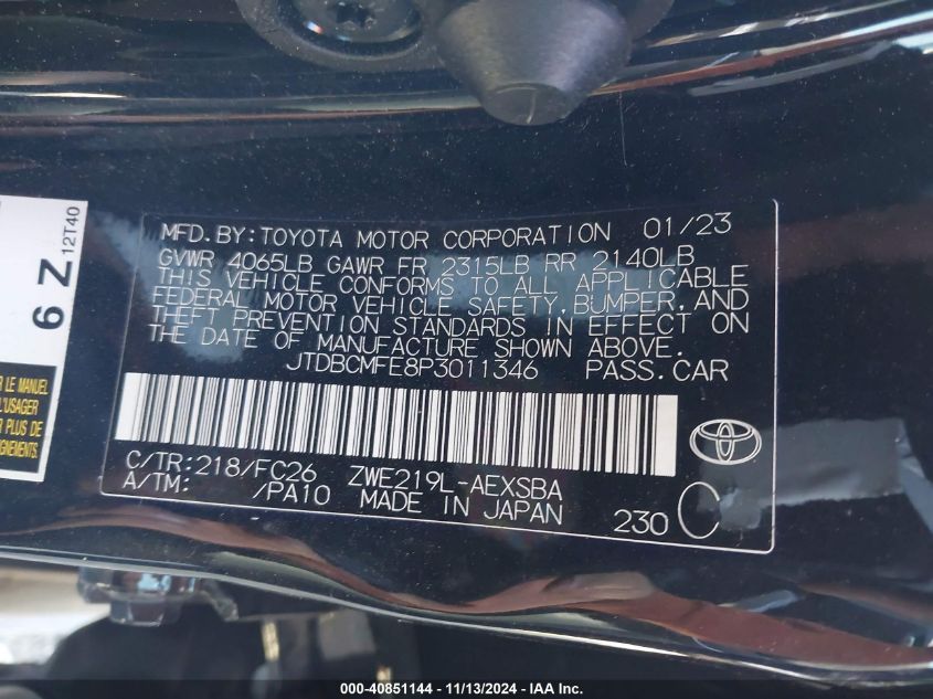 2023 Toyota Corolla Hybrid Se Infrared VIN: JTDBCMFE8P3011346 Lot: 40851144