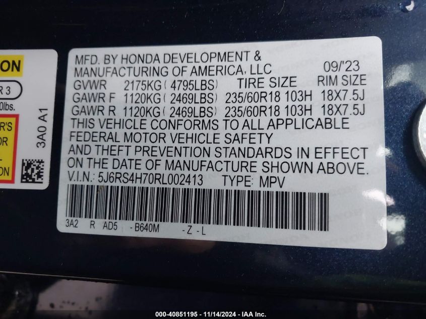 2024 Honda Cr-V Ex-L Awd VIN: 5J6RS4H70RL002413 Lot: 40851195