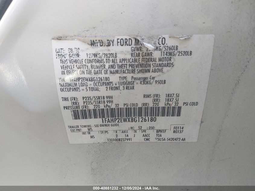 2011 Ford Taurus Sel VIN: 1FAHP2EWXBG126180 Lot: 40851232