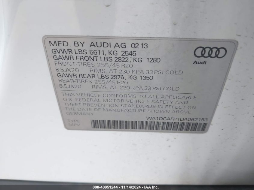 2013 Audi Q5 3.0T Premium Plus VIN: WA1DGAFP1DA062153 Lot: 40851244