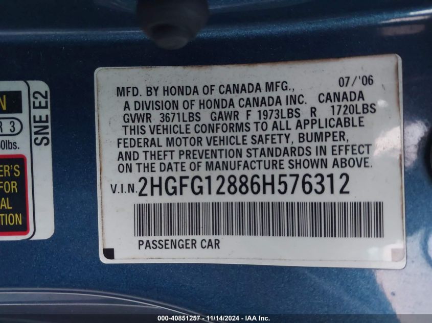 2006 Honda Civic Ex VIN: 2HGFG12886H576312 Lot: 40851257