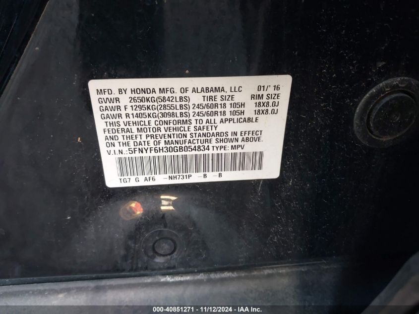 2016 HONDA PILOT EX - 5FNYF6H30GB054834