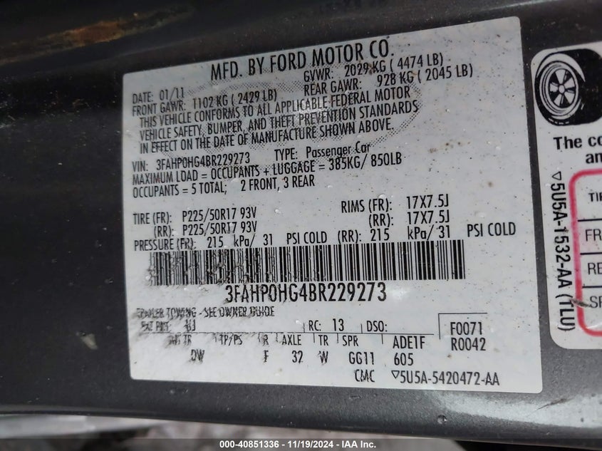 2011 FORD FUSION VIN: 3FAHP0HG4BR229273