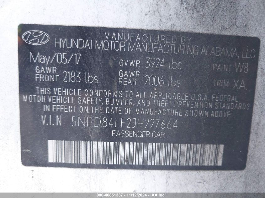 VIN 5NPD84LF2JH227664 2018 Hyundai Elantra, Sel no.9