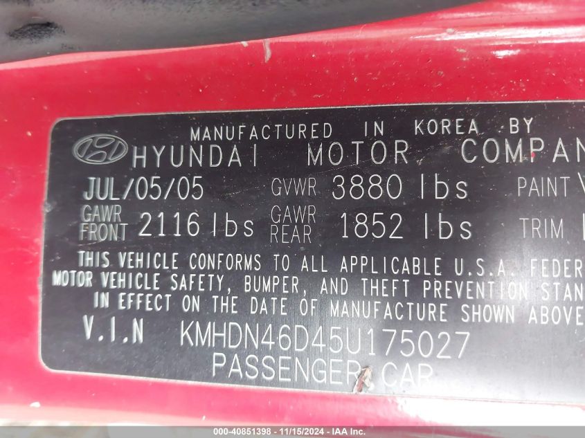 2005 Hyundai Elantra Gls/Gt VIN: KMHDN46D45U175027 Lot: 40851398