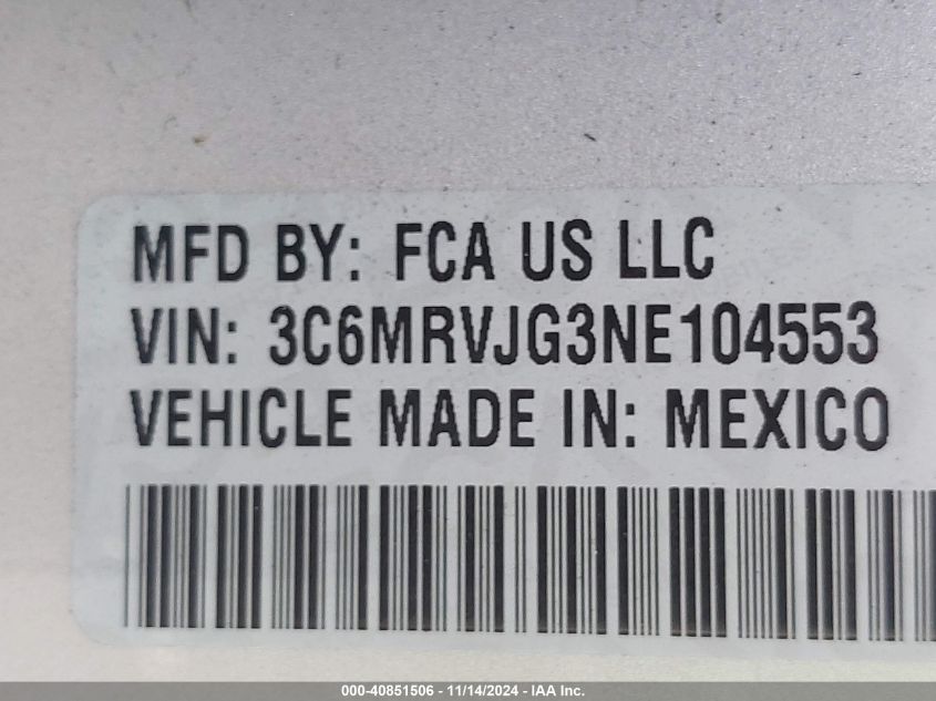 2022 Ram Promaster 3500 Cargo Van High Roof 159 Wb Ext VIN: 3C6MRVJG3NE104553 Lot: 40851506