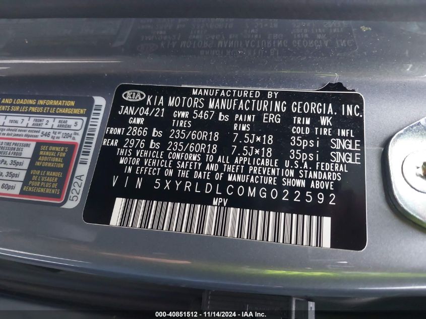 2021 KIA SORENTO S - 5XYRLDLC0MG022592