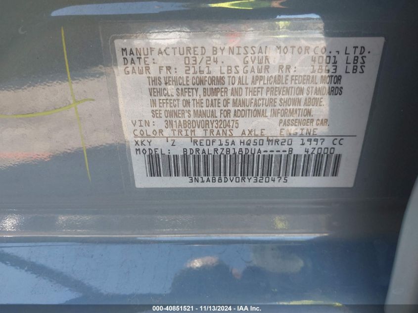 2024 Nissan Sentra Sr Xtronic Cvt VIN: 3N1AB8DV0RY320475 Lot: 40851521