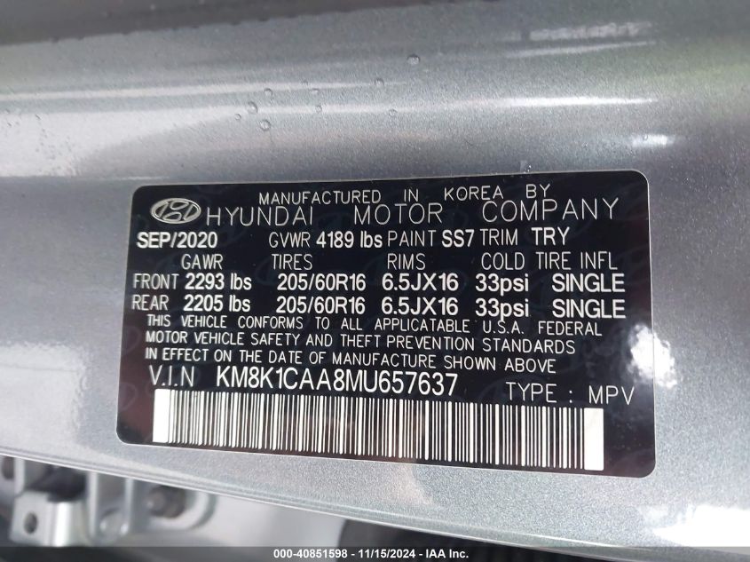 VIN KM8K1CAA8MU657637 2021 HYUNDAI KONA SE