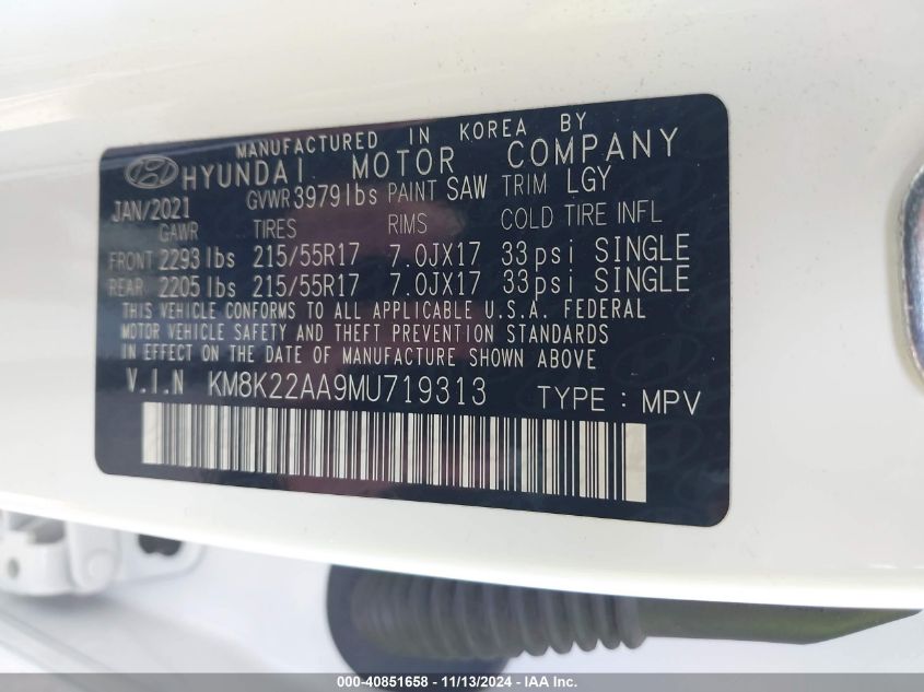 2021 Hyundai Kona Sel VIN: KM8K22AA9MU719313 Lot: 40851658